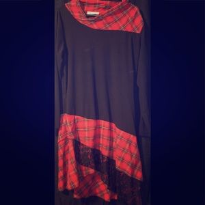 Red plaid and black dress.